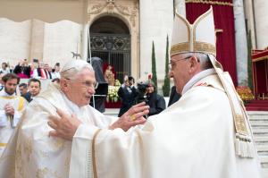 Pope Francis embraces Pope Emeritus Benedict